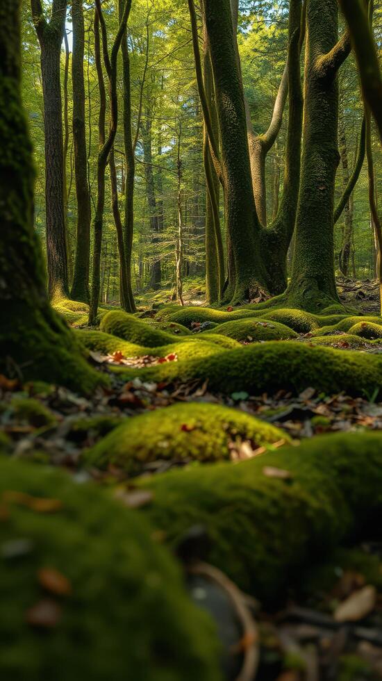 A forest with trees and moss on the ground photo