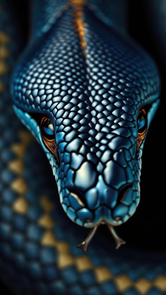 A close up of a blue snake with its head turned to the side photo