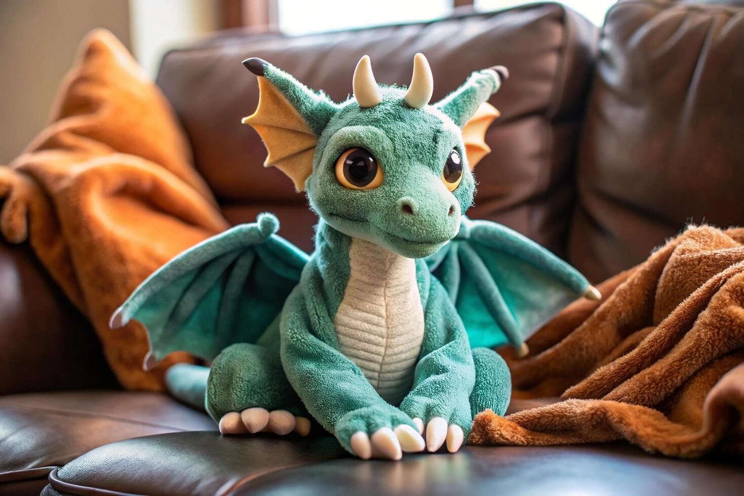 A stuffed dragon sits on a couch photo