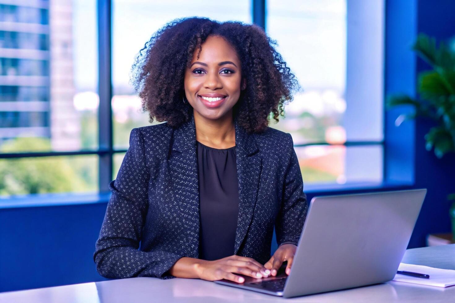 A smiling african american woman in a business suit sitting at a desk with a laptop photo