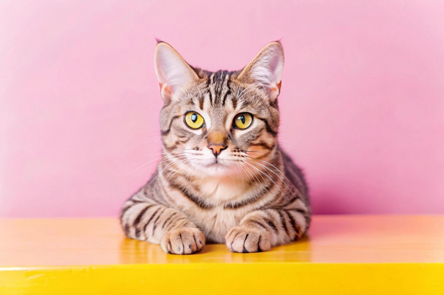 A striped cat sitting on a yellow table photo
