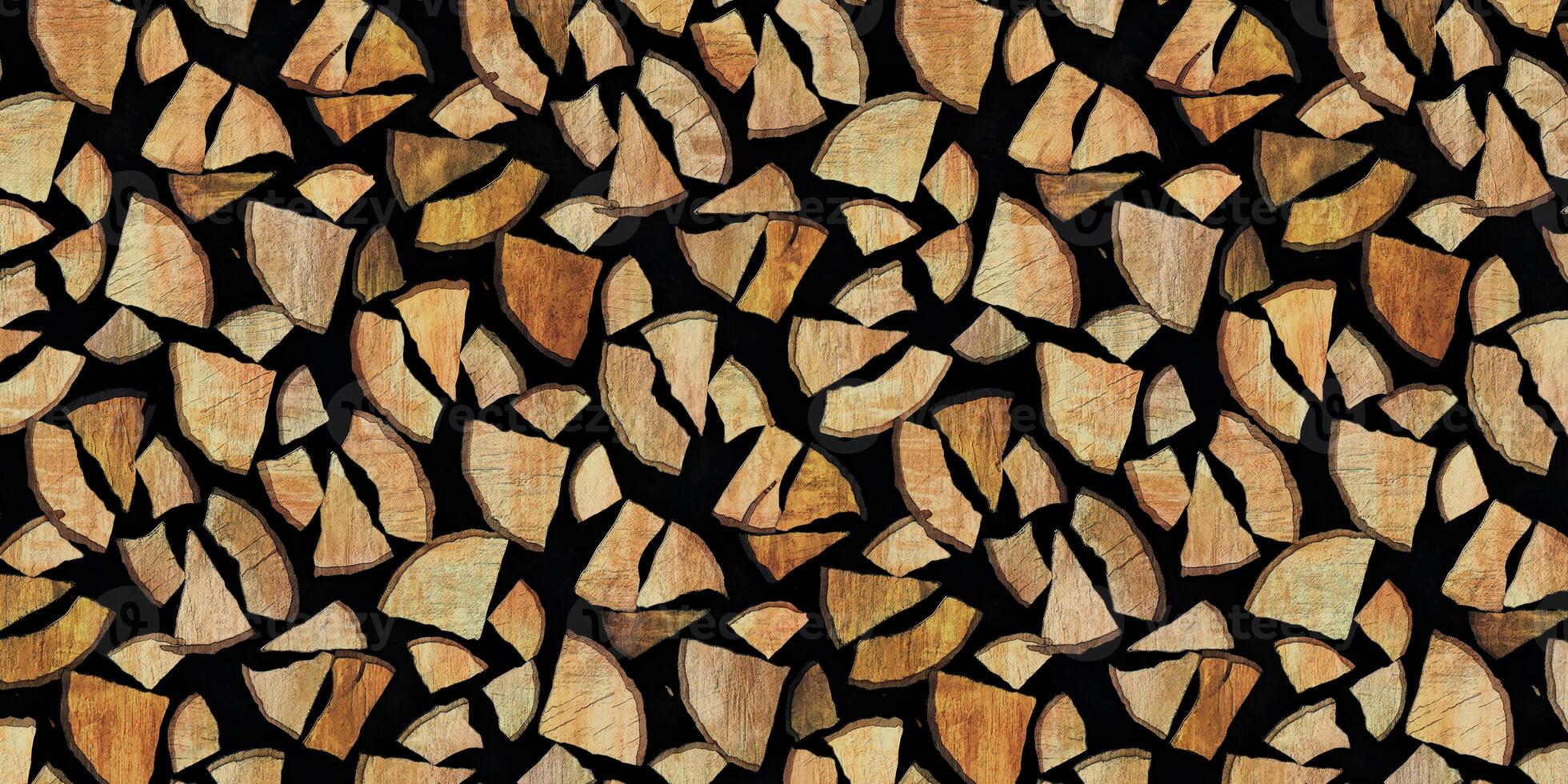 Wood Mosaic Pattern with Various Shapes and Sizes on Black Background, stacked wood chunks. Ideal for Design, Art, Decoration, and Craft Projects photo