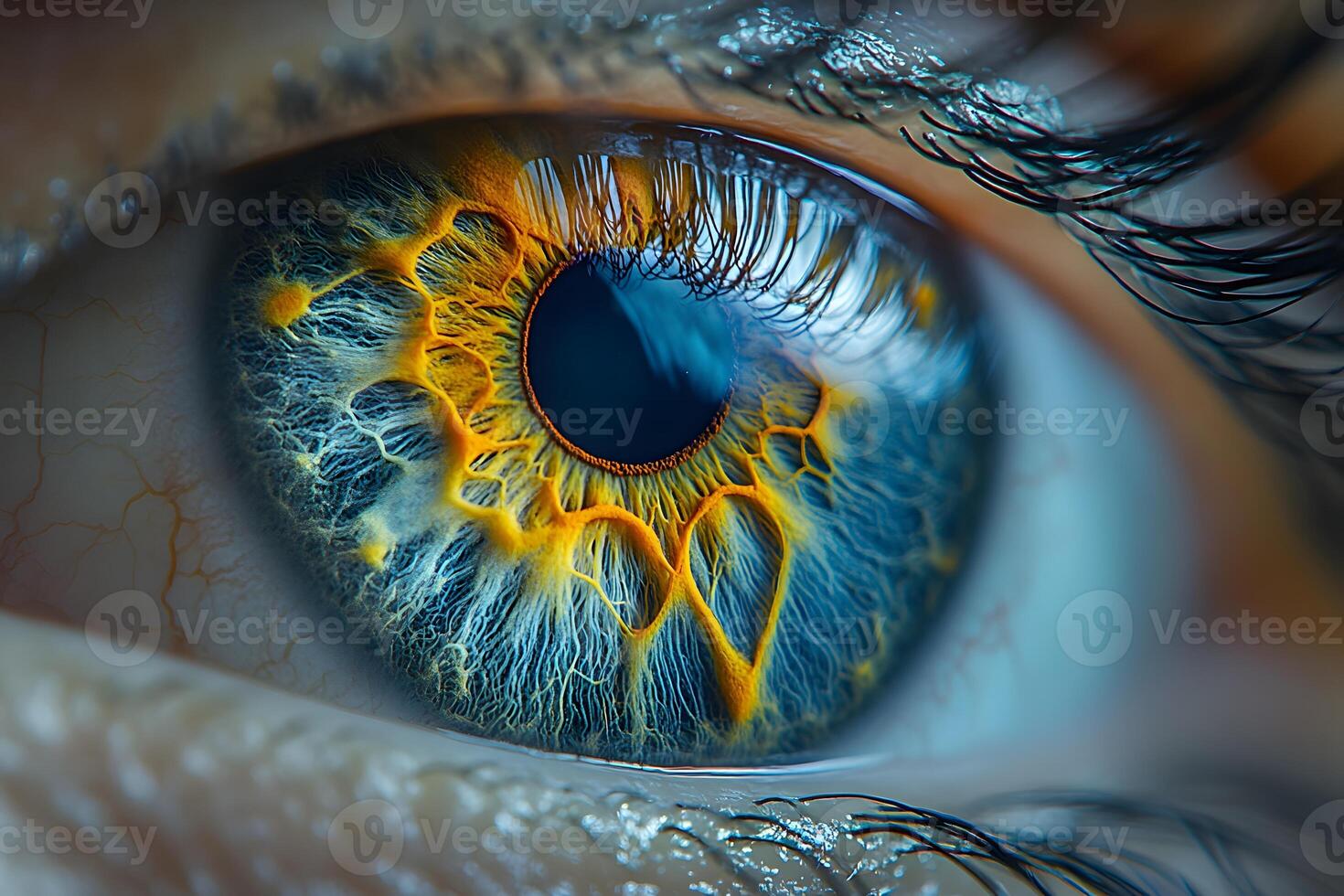 Macro Shot of a Vibrant Human Eye Showing Intricate Patterns for Medical and Artistic Use photo