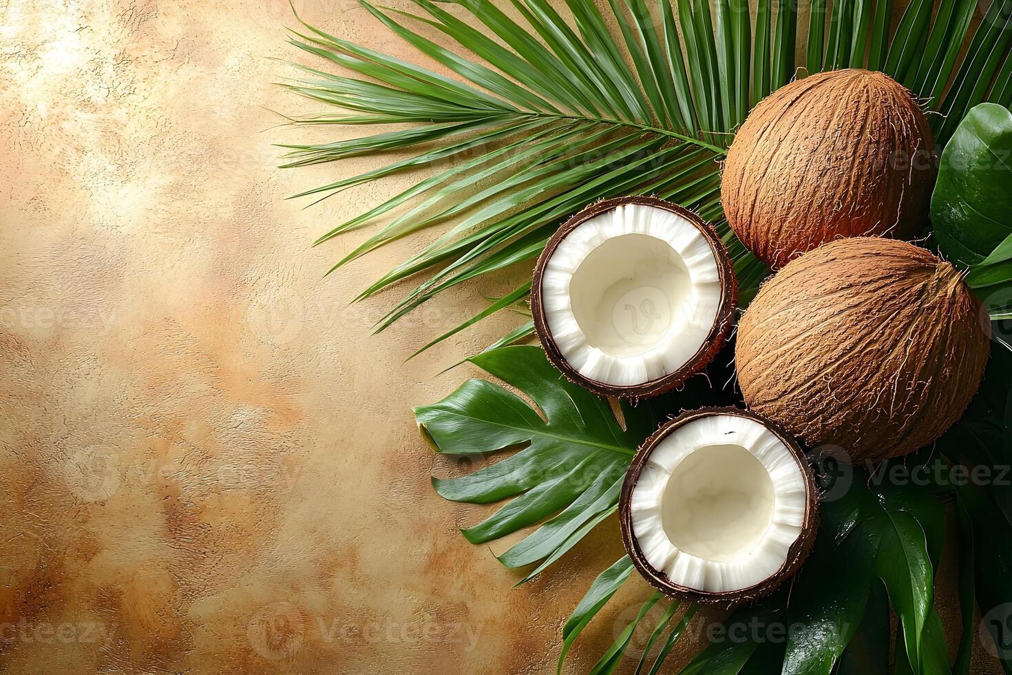 Tropical Coconuts and Palm Leaves on Textured Background for Natural Design Elements photo