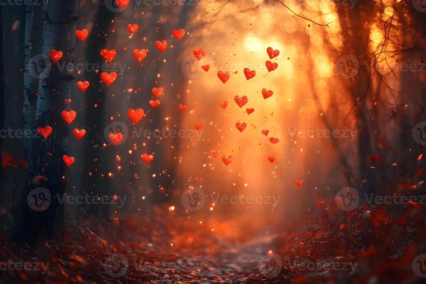 Enchanted Forest Path with Glowing Hearts and Magical Autumn Light photo