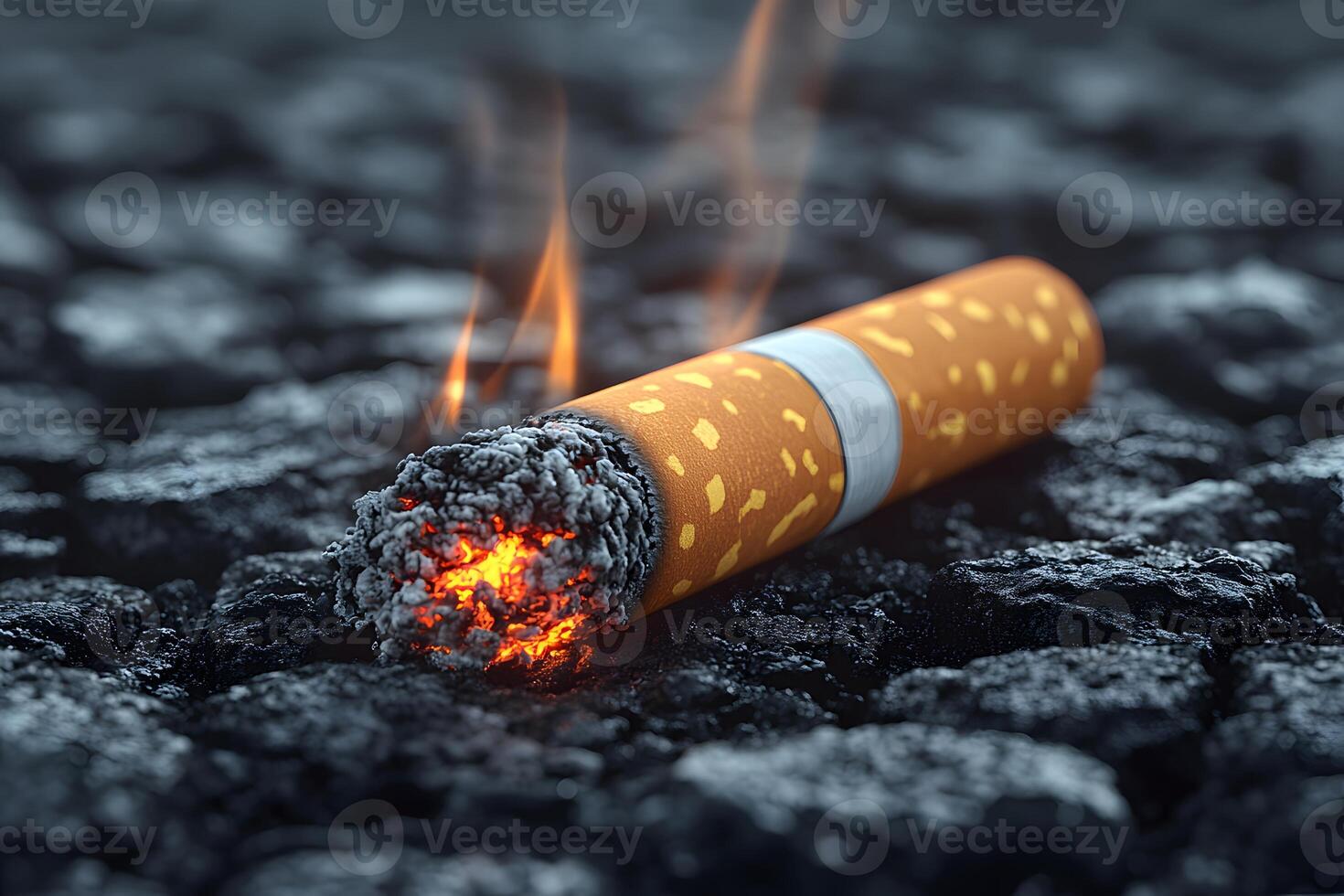 Burning Cigarette on Cobblestone Street Highlighting Smoking and Health Themes photo
