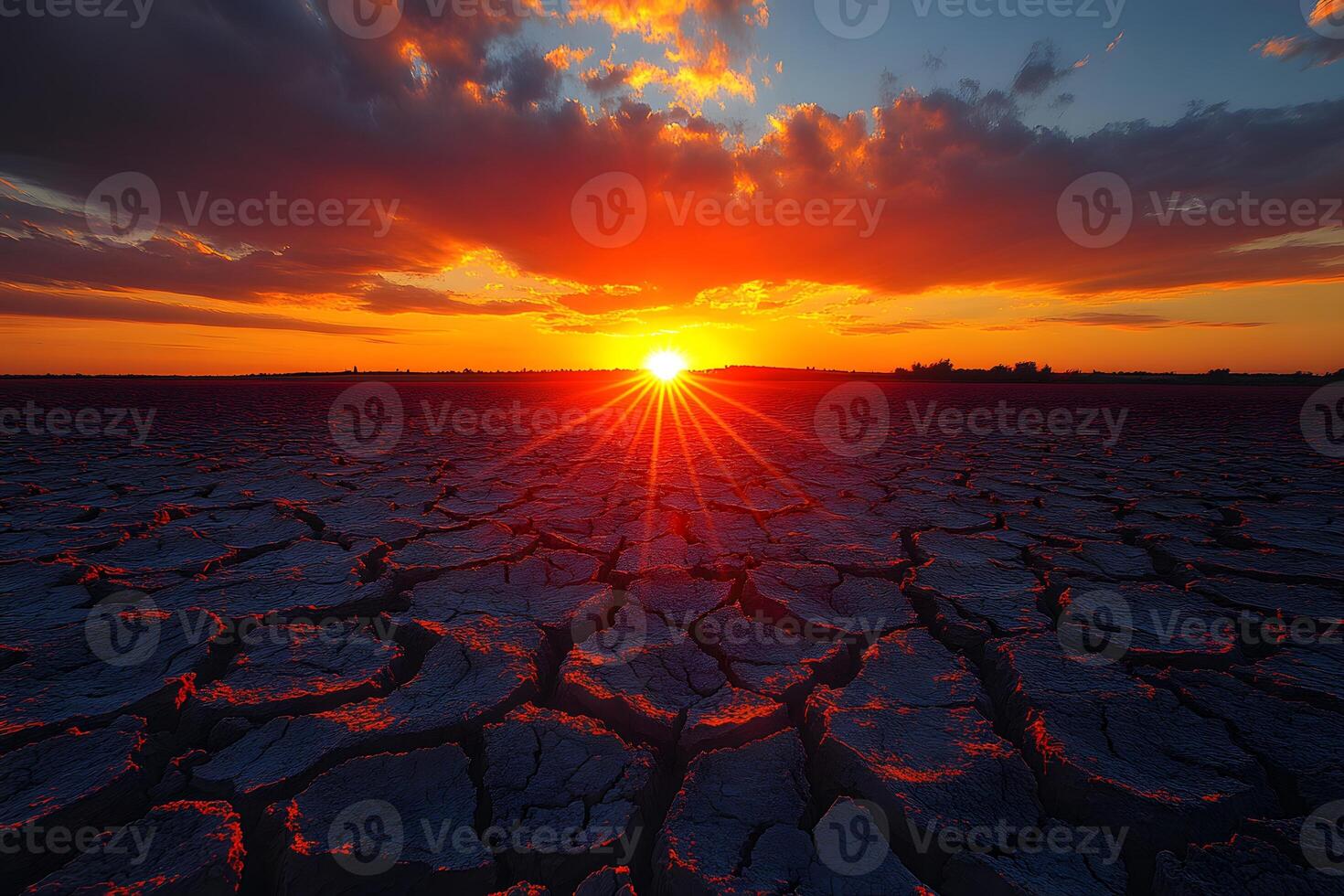 Dramatic Sunset Over Cracked Earth - Nature's Resilience Theme for Environmental Awareness photo