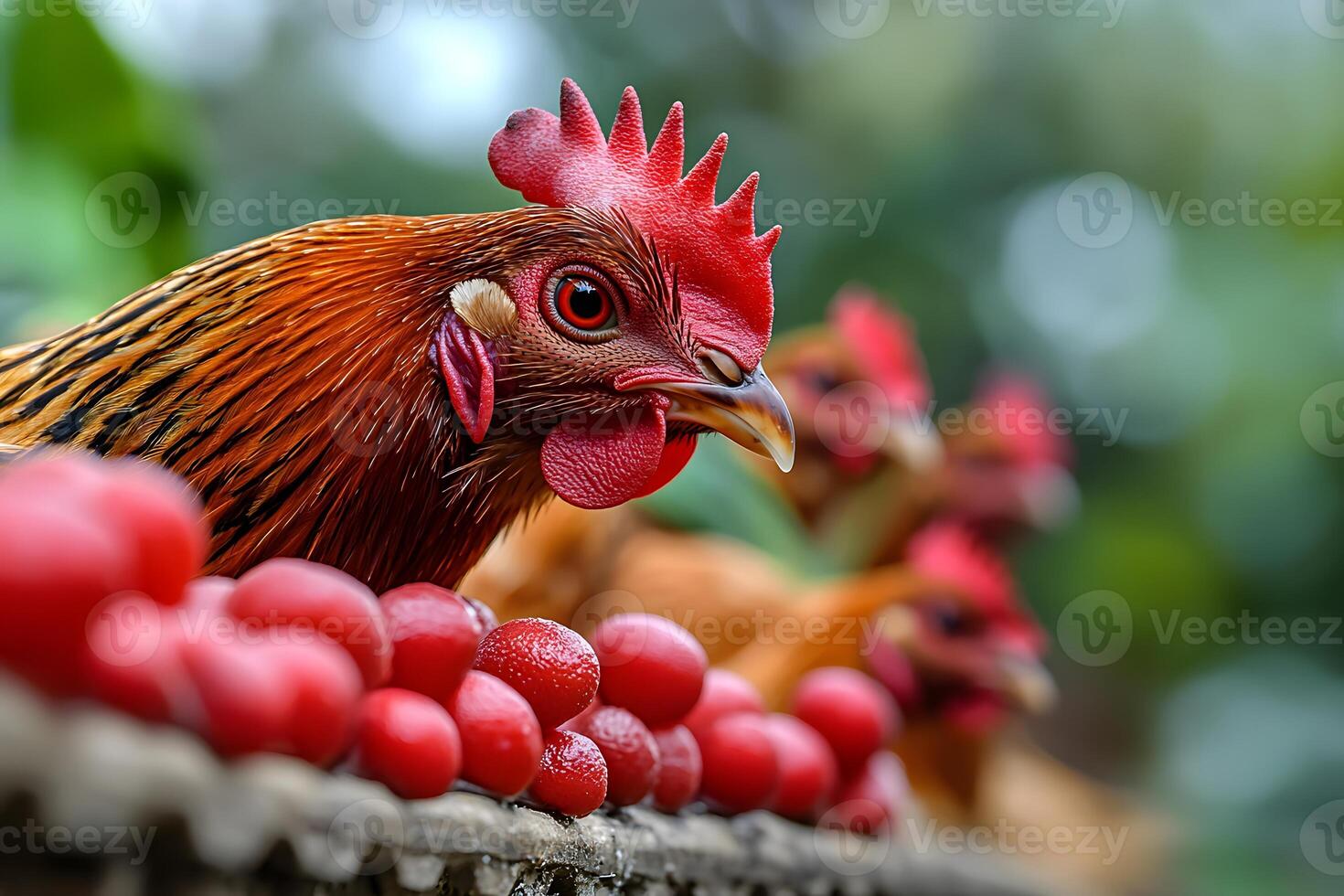 Vibrant Hen with Red Comb Surrounded by Ripe Cherries in a Lush Garden Setting photo