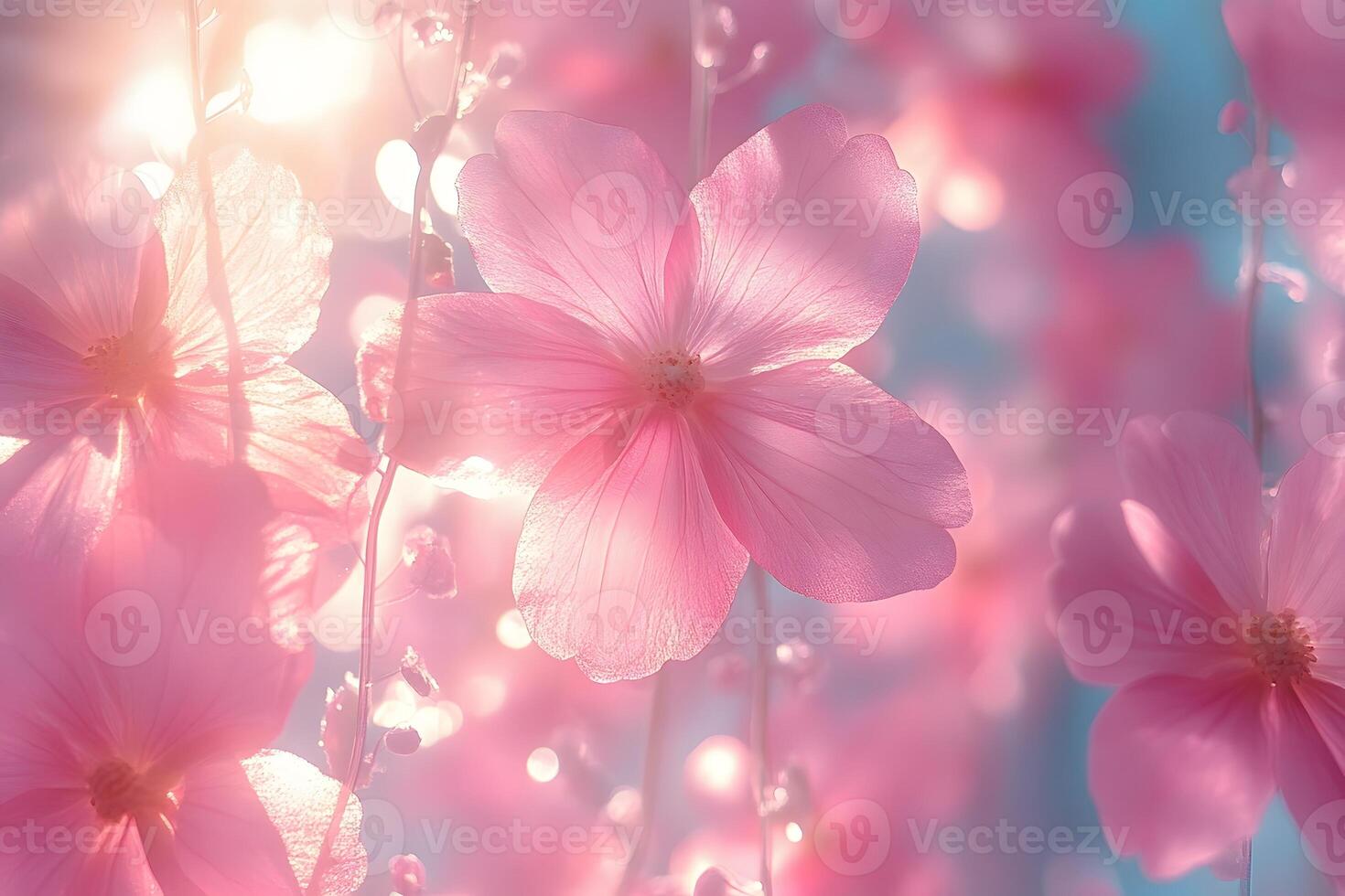 Delicate Pink Flowers in Sunlit Glow with Soft Bokeh for Elegant Floral Design photo