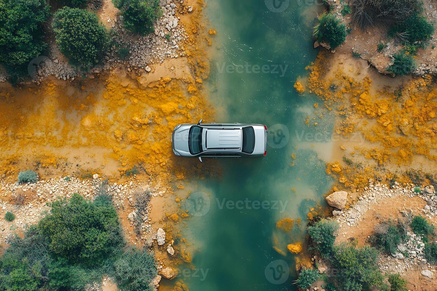 Aerial View of SUV Crossing a Scenic River Path in a Natural Landscape photo