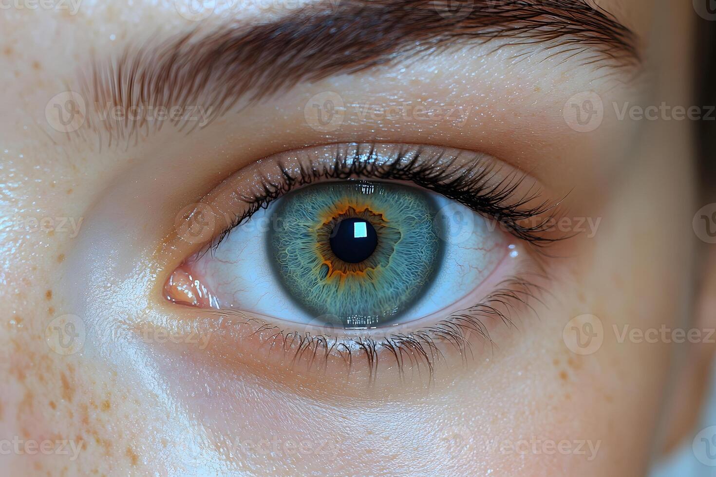 Close-Up of a Blue Eye with Intricate Iris and Natural Skin Texture for Eye Health Concepts photo