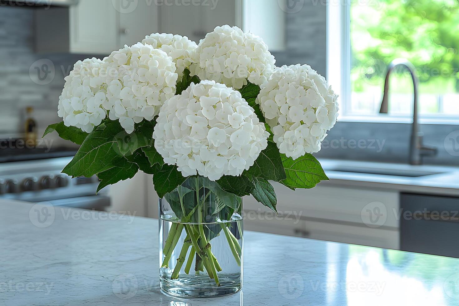 Elegant White Hydrangea Bouquet in Modern Kitchen Setting for Home Decor Ideas photo