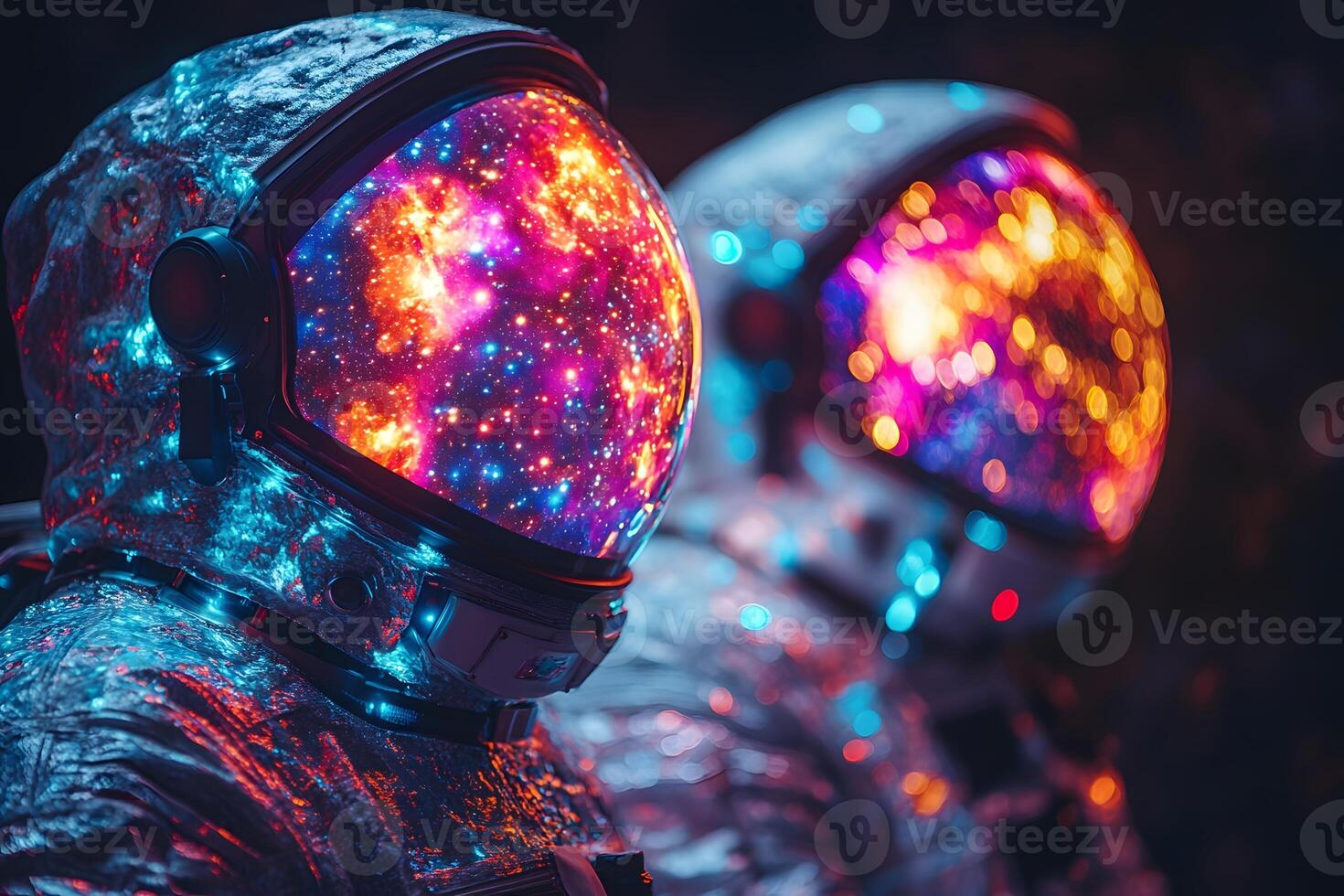 Galactic Reflection Surreal Astronauts with Cosmic Visors in Vibrant Nebulae photo