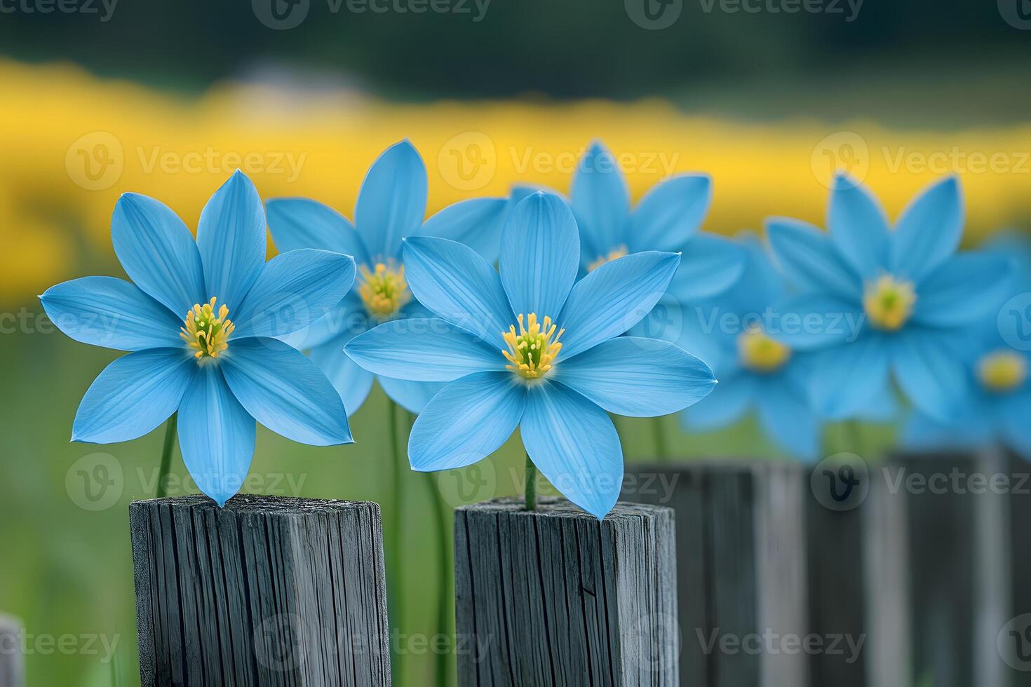 Vibrant Blue Flowers Against Wooden Fence in a Summer Garden Setting photo