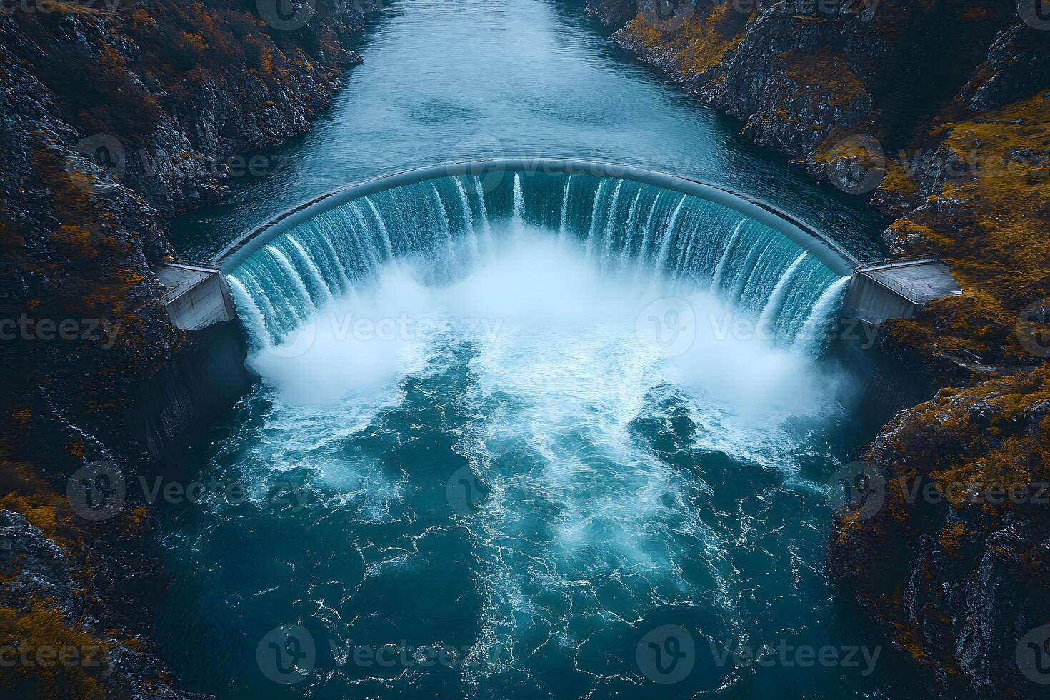 Majestic Waterfall Over Dam in Scenic Gorge - Nature's Power and Beauty photo