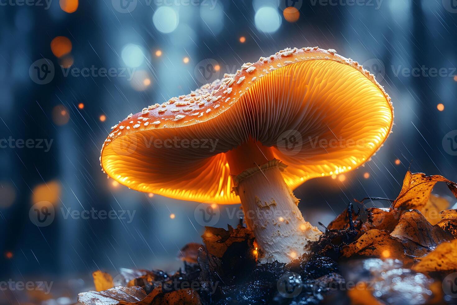 Enchanted Mushroom in Mystical Forest Under Rainfall Captivating Nature Photography photo