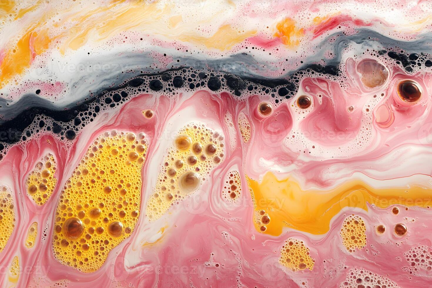 Abstract Fluid Art with Vibrant Pink, Yellow, and Black Swirls and Bubbles photo