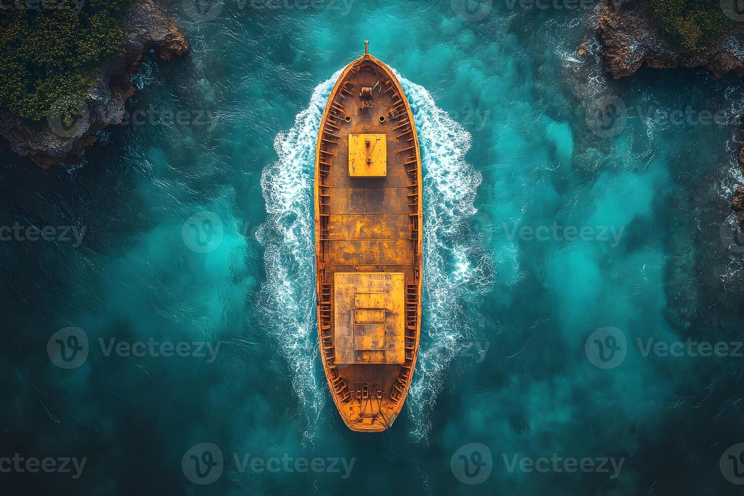 Aerial View of Vintage Rusty Ship Sailing in Turquoise Waters Surrounded by Rocky Cliffs photo