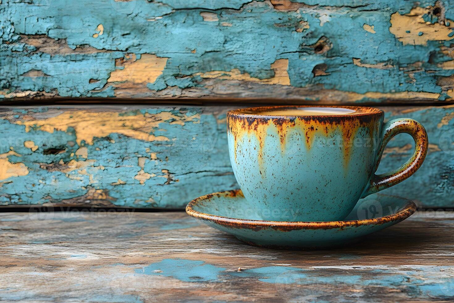 Rustic Charm with Vintage Teal Coffee Cup on Distressed Wooden Surface photo