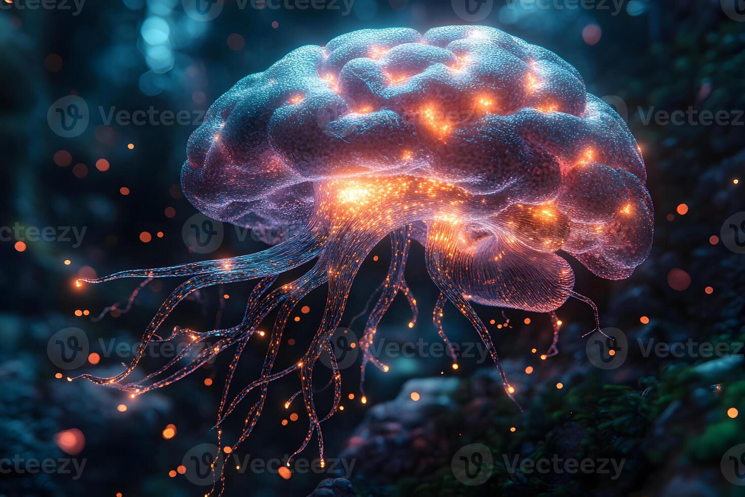 Futuristic Neural Network Conceptual Art - Glowing Bio-Luminescent Brain Design photo