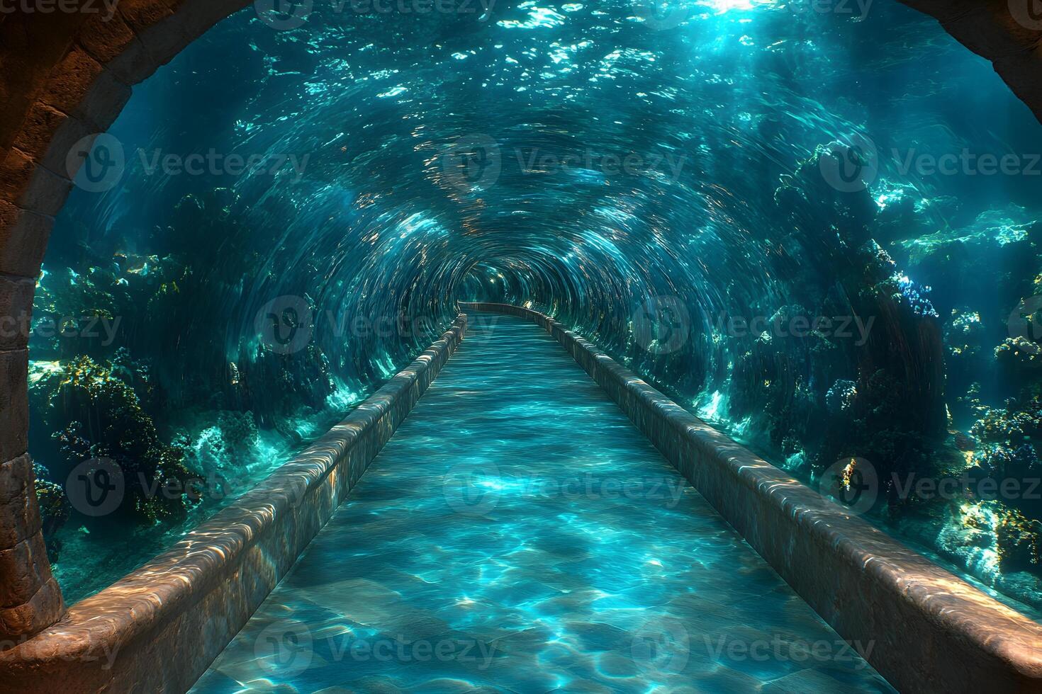 Underwater Tunnel Adventure Immersive Marine Pathway in Oceanic Wonderland photo