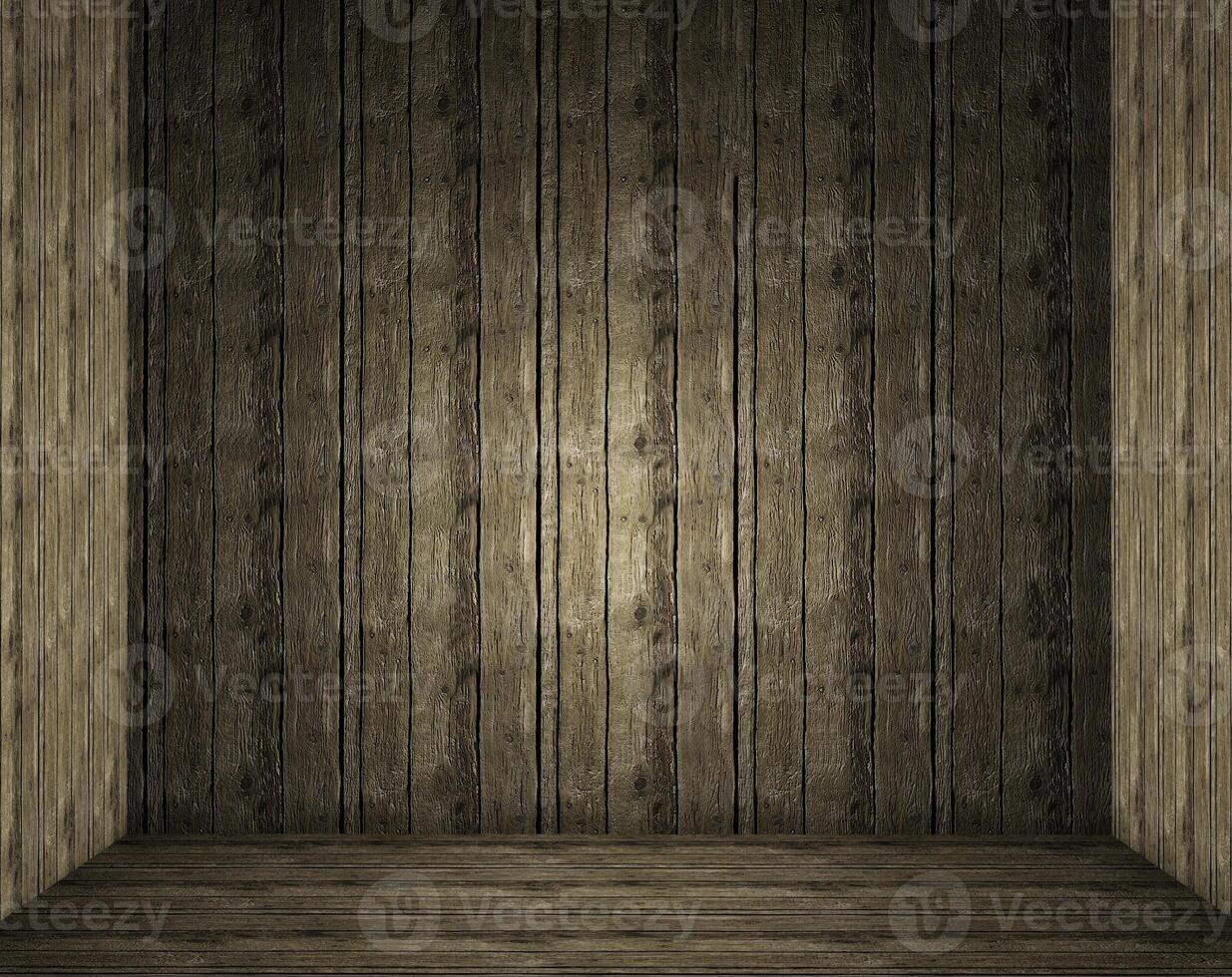 an empty room with wooden walls and a wooden floor photo