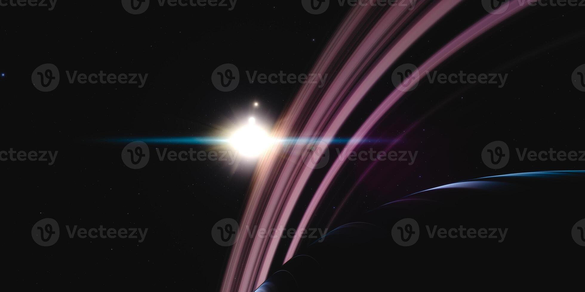 Spectacular view of saturn's rings with distant sun in cosmic galaxy scene photo