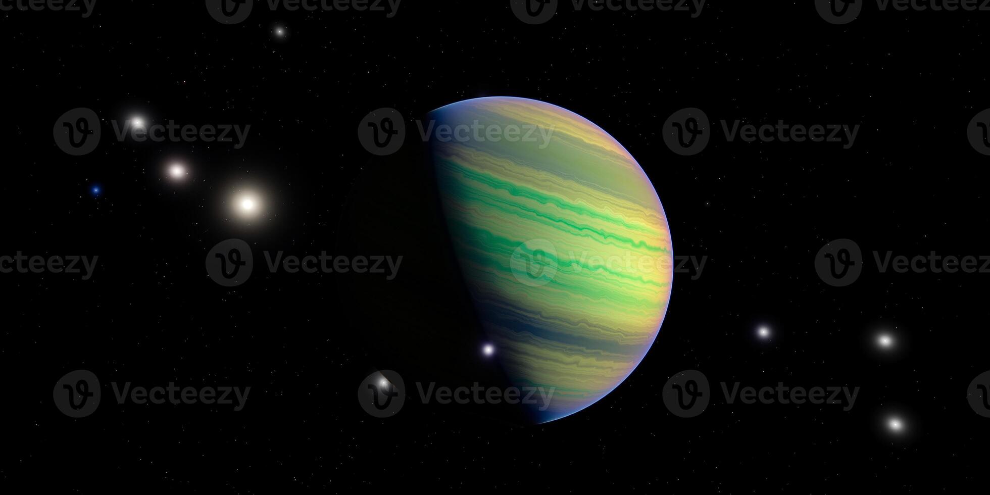 Colorful gas giant planet in deep space with bright stars and dark background photo