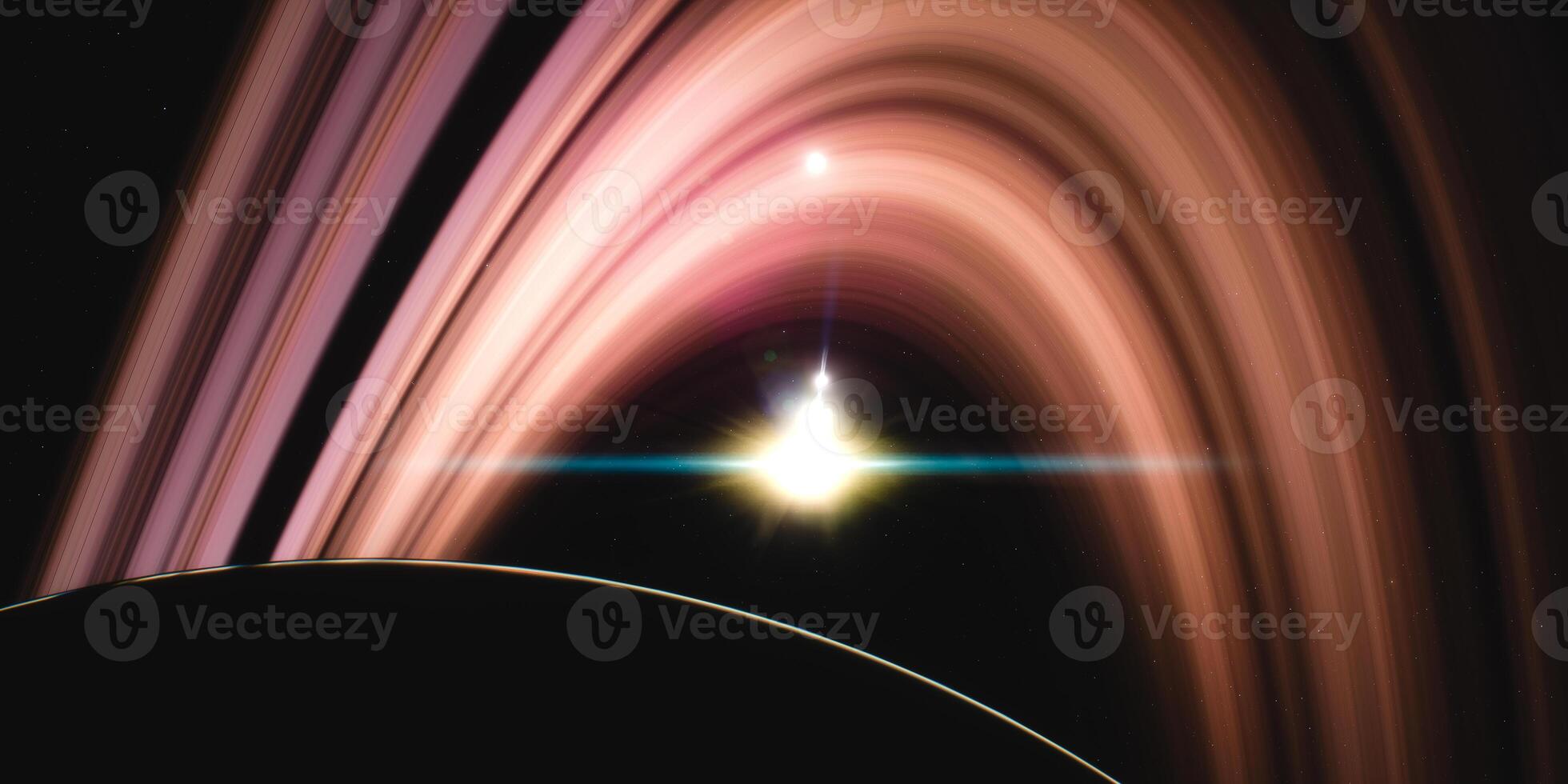 Majestic view of planet with rings and distant sunburst in deep space photo