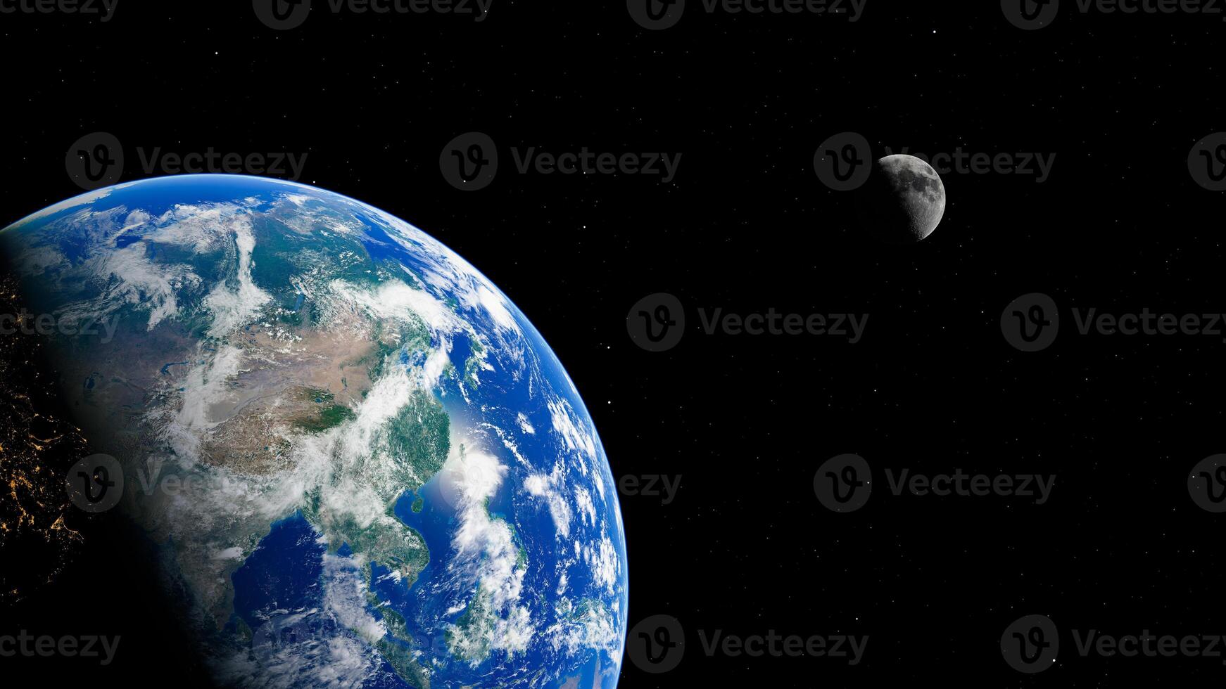 Earth and moon in space with half earth illuminated by sunlight photo