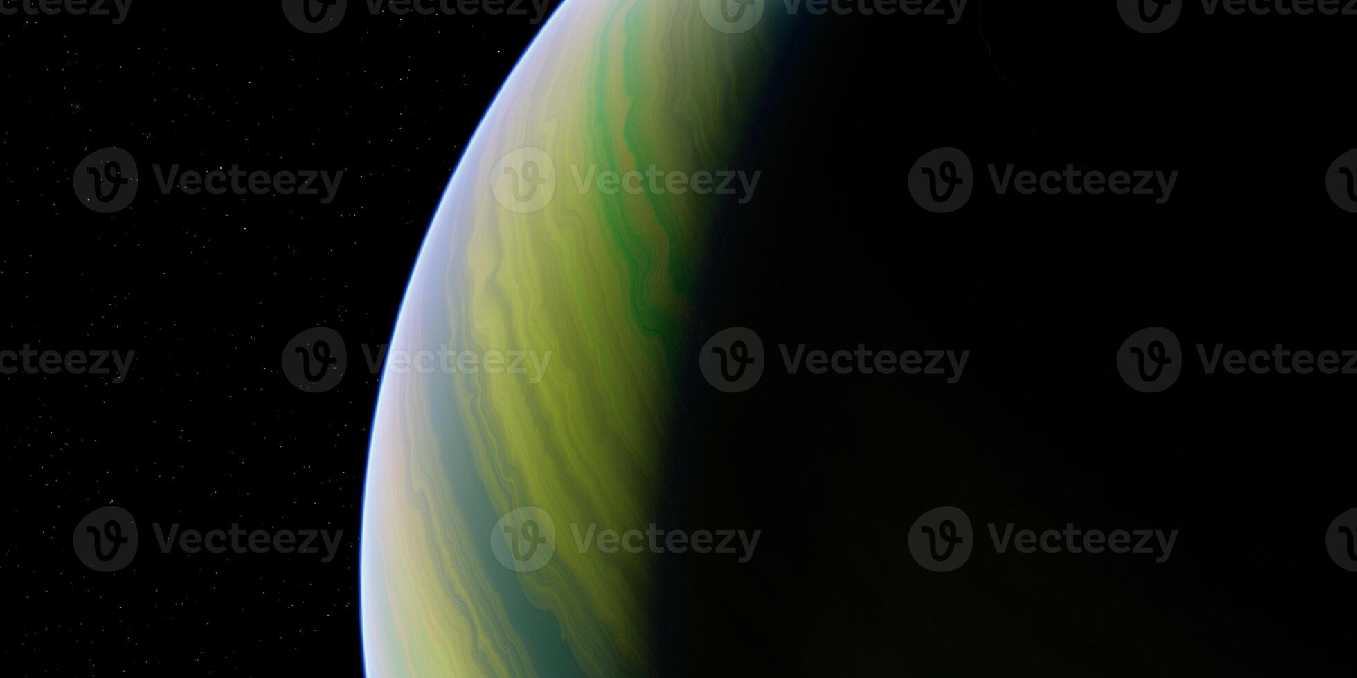 Swirling green atmosphere of a gas giant planet against black space photo