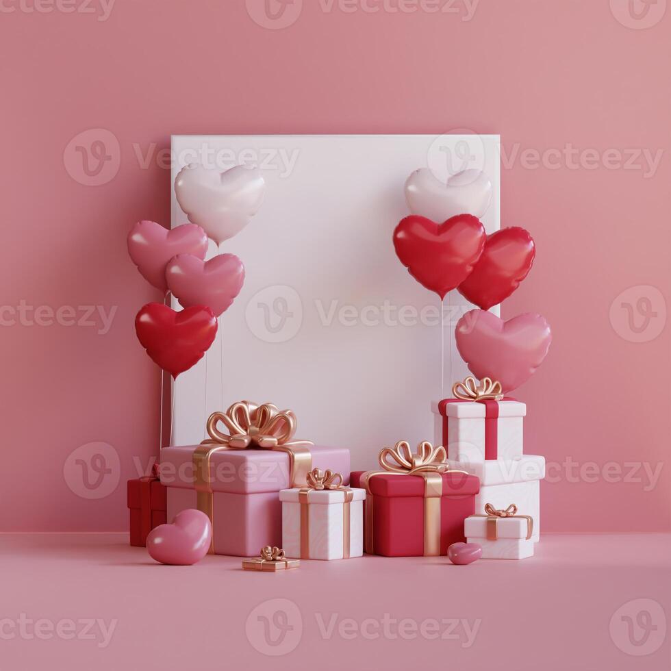 3D rendering of Love Day scene with gift boxes and heart shaped balloons. Concept of romantic themed designs. photo