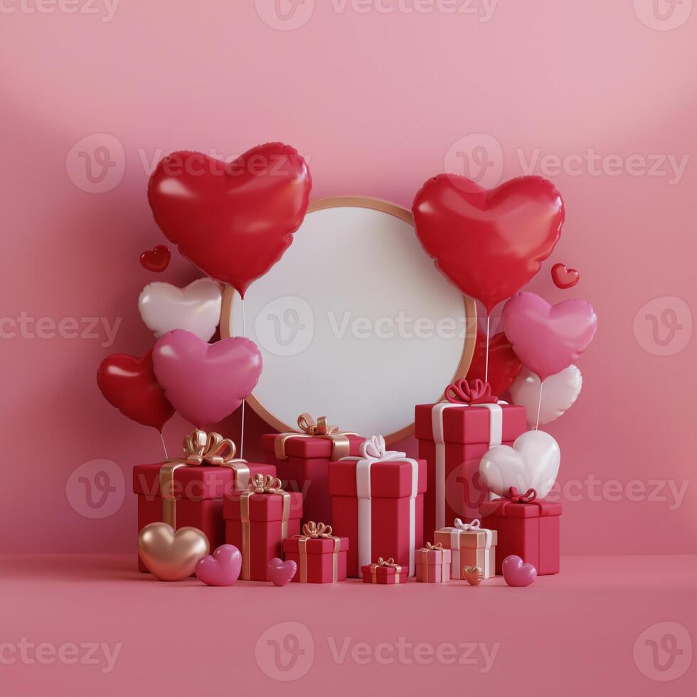 3D render of Romantic Day scene with heart shaped balloons, gift boxes, and a blank circular frame. Concept of romantic designs and holiday promotions. photo
