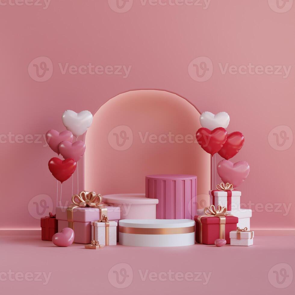 3D rendering of Romantic Day scene with gift boxes, heart shaped balloons, and pink and red color scheme. Ideal for product display or romantic themed designs. photo