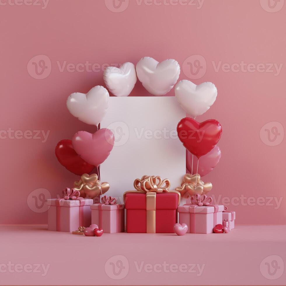 3D rendering of a Pink Day scene with heart shaped balloons, gifts, and a blank card for your message. photo