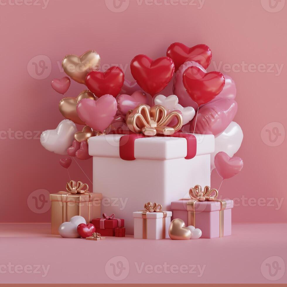 3D rendering of a large gift box with heart shaped balloons and smaller gifts. Concept of Pink Day or romantic occasions. photo