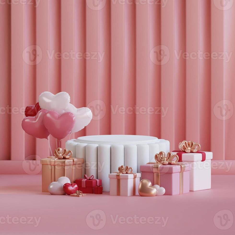 3D render of Pink Day gift boxes and heart shaped balloons on a pink background. Ideal for product display or promotional materials. photo