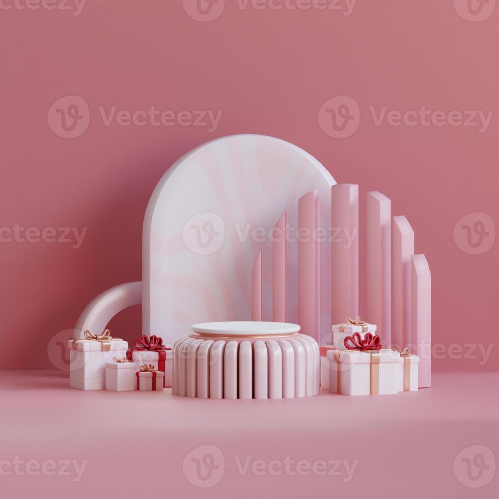 3D render of a pink product display with gifts. Ideal for product presentations, marketing materials, and holiday promotions. photo