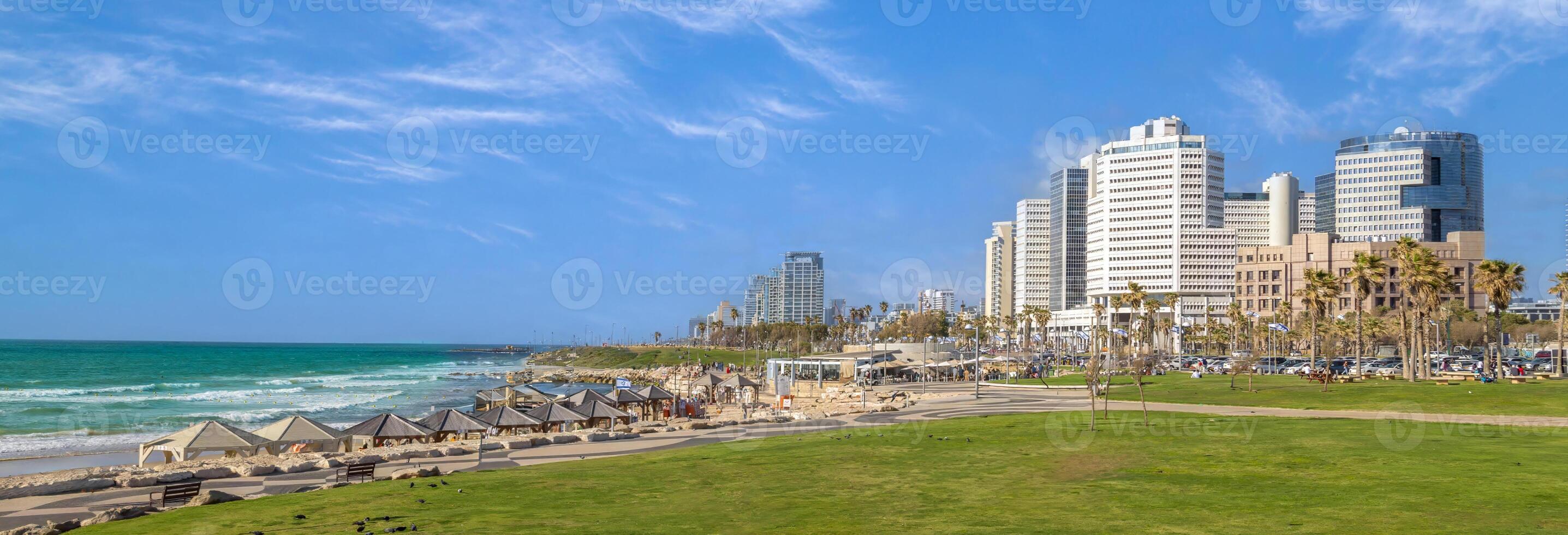Scenic Israel Tel Aviv coastline, seashore promenade with hotels and beaches near Old Jaffa port photo
