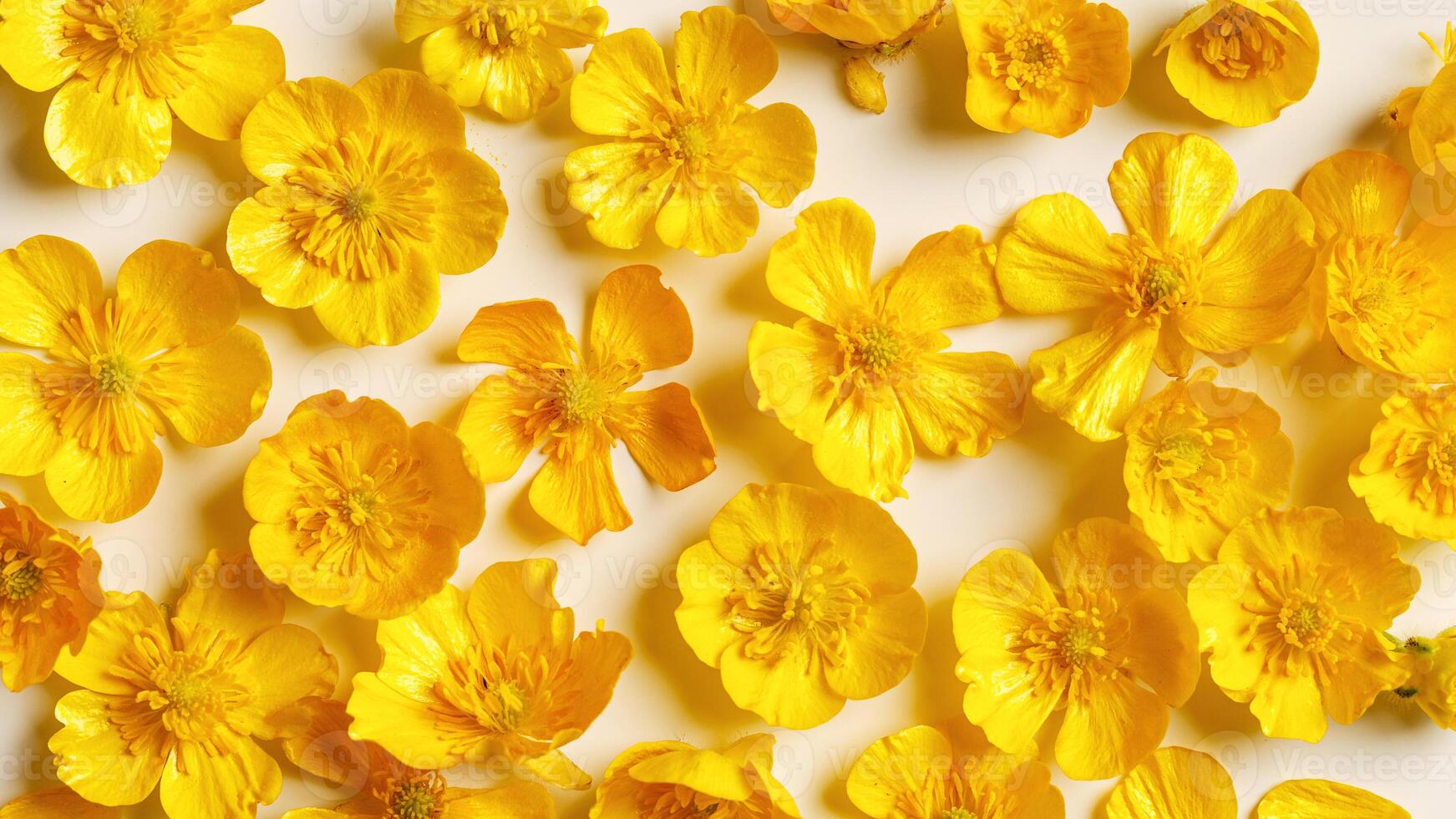 Top view Yellow flowers Buttercup on pastel beige background, minimal monochrome aesthetic floral banner. Beautiful nature still life with wildflower, flowery design, textured nature pattern photo