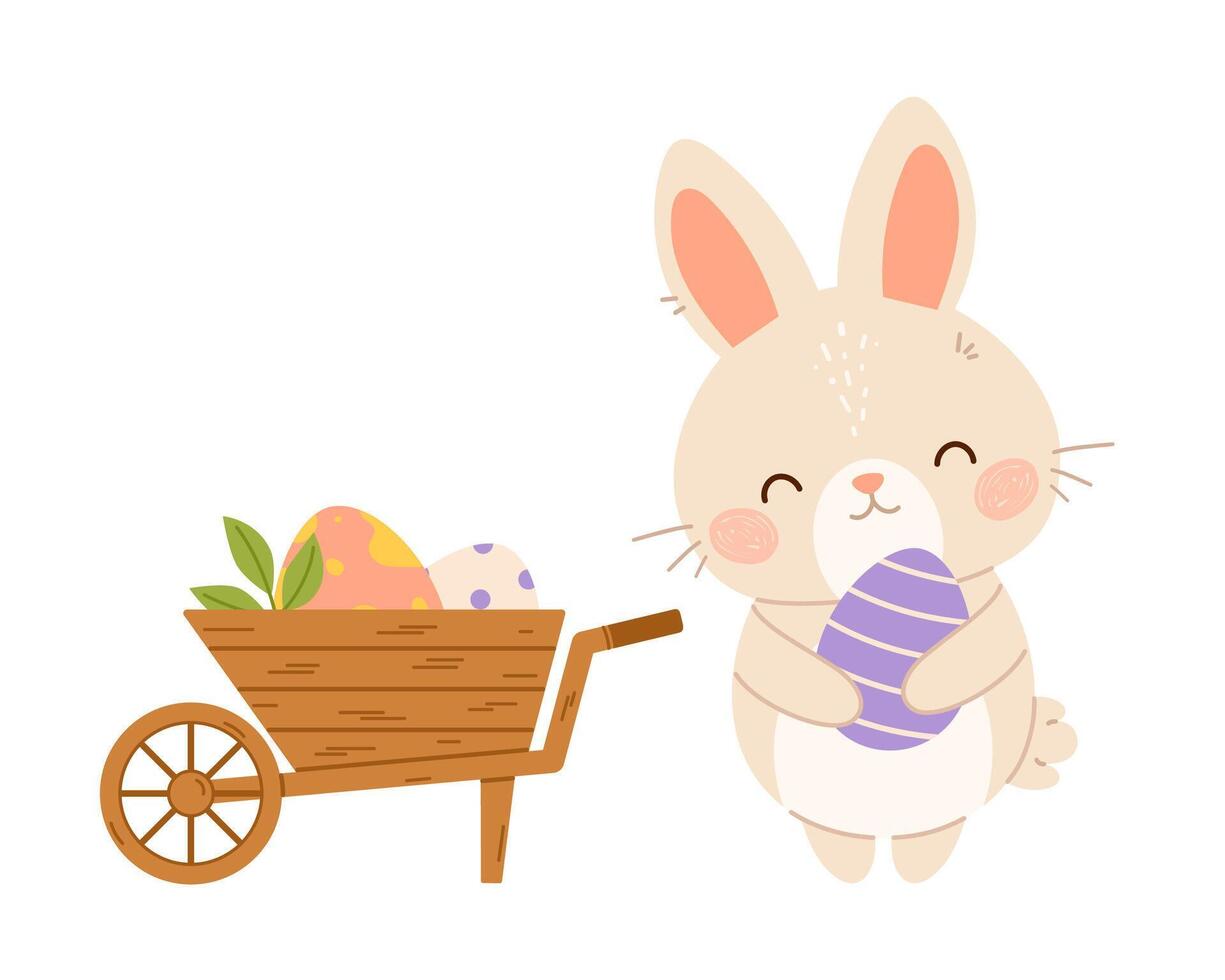 Easter bunny rabbit with wheelbarrow of eggs. Flat isolated illustration vector