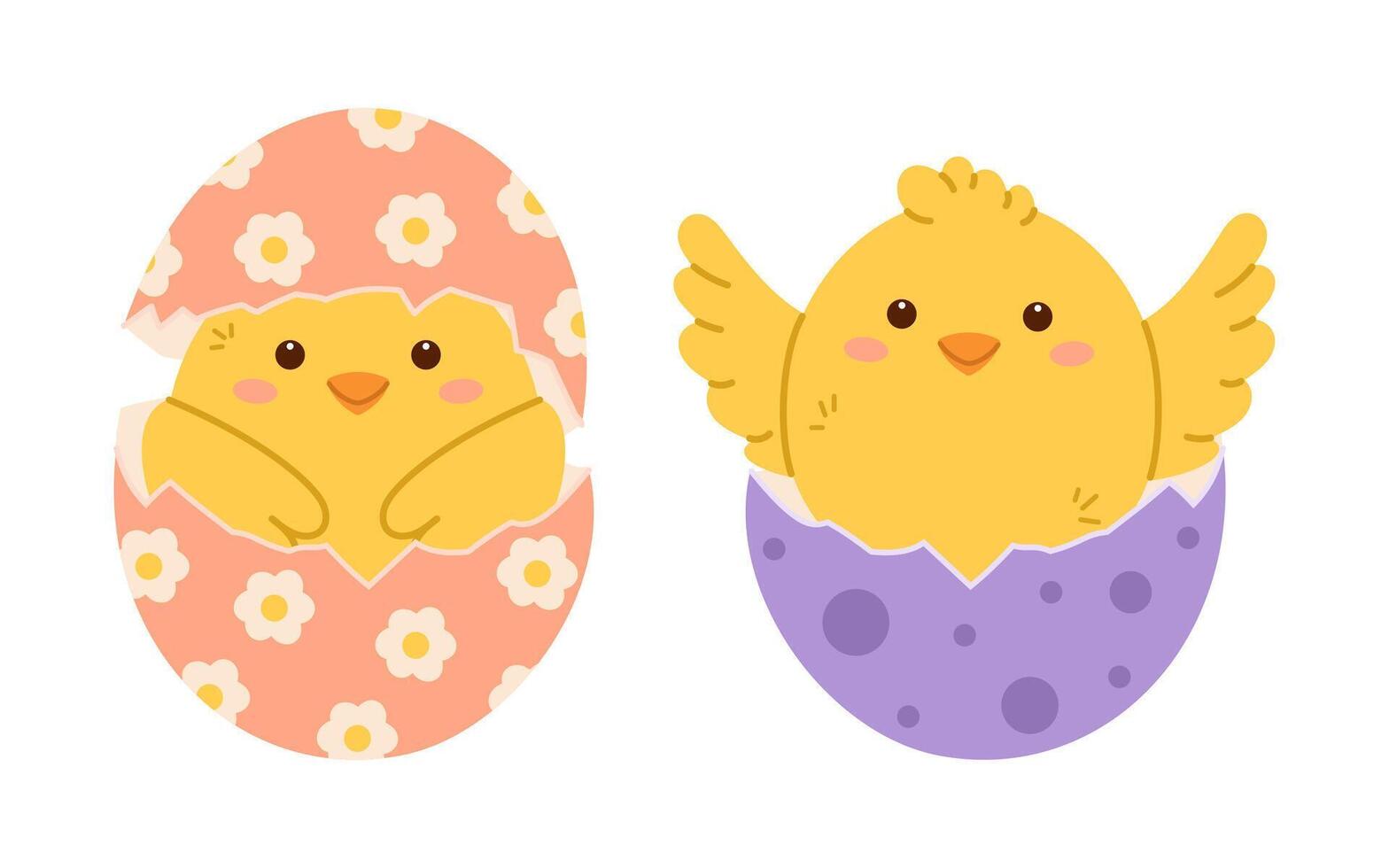 Chick in Easter egg set. Chicken hatch from cracked egg. Flat isolated illustration vector