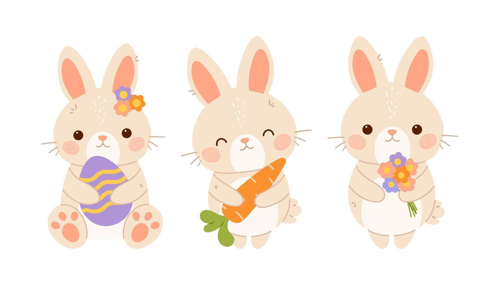 Set of cute little bunnies with carrot, easter egg and flowers. Flat isolated illustration vector