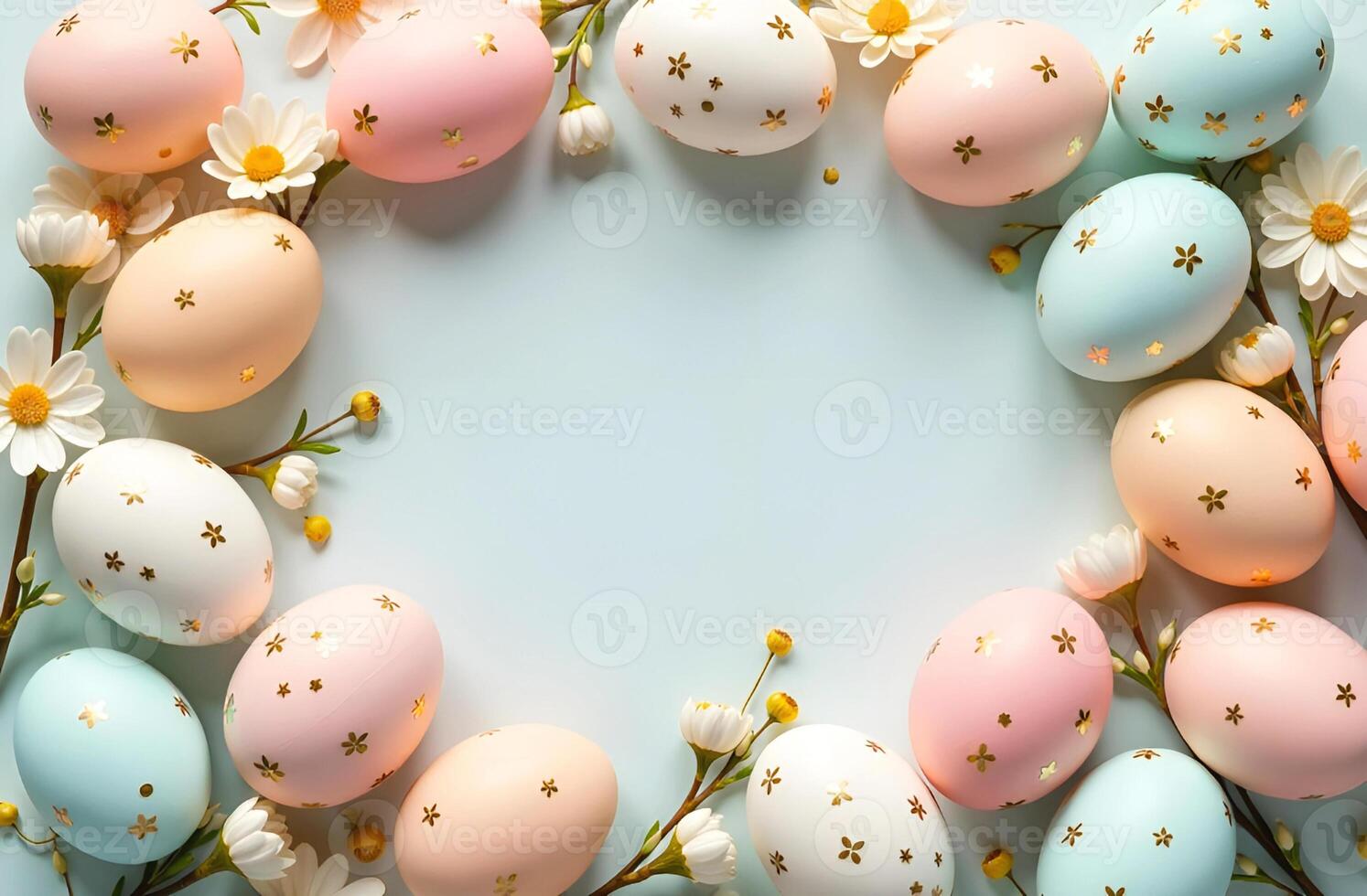 Easter eggs pastel background with daisies photo