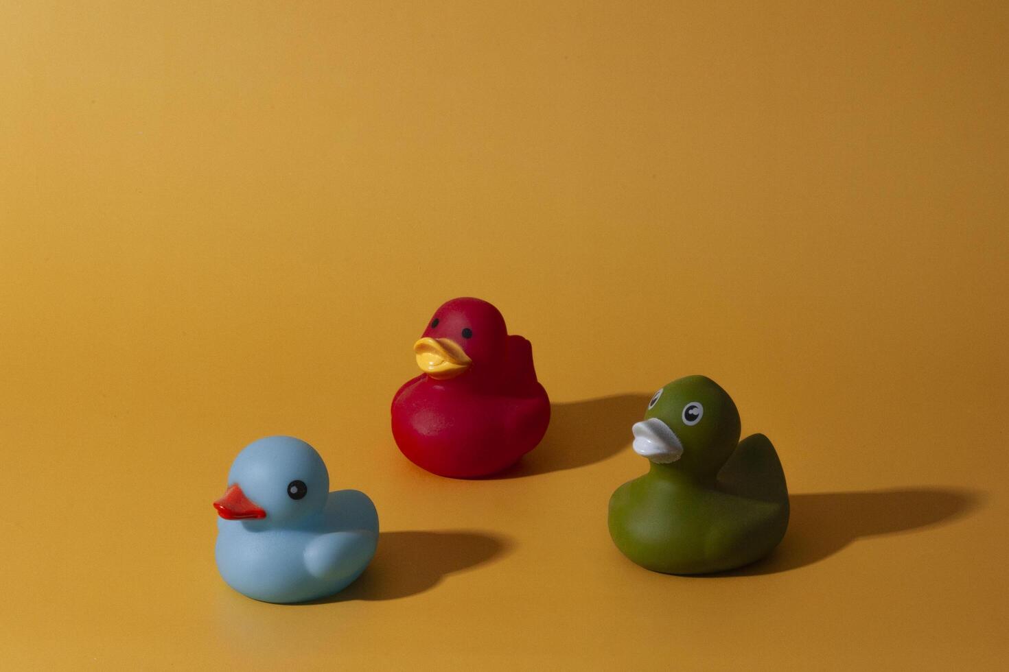 3 colored rubber duckies on a yellow background photo