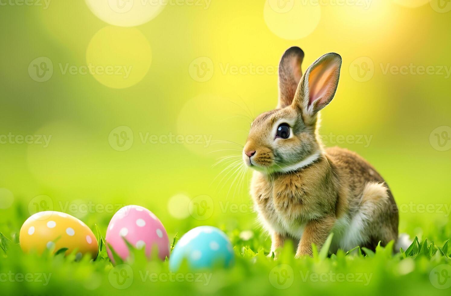 Happy Easter background with bunny and eggs on the grass photo