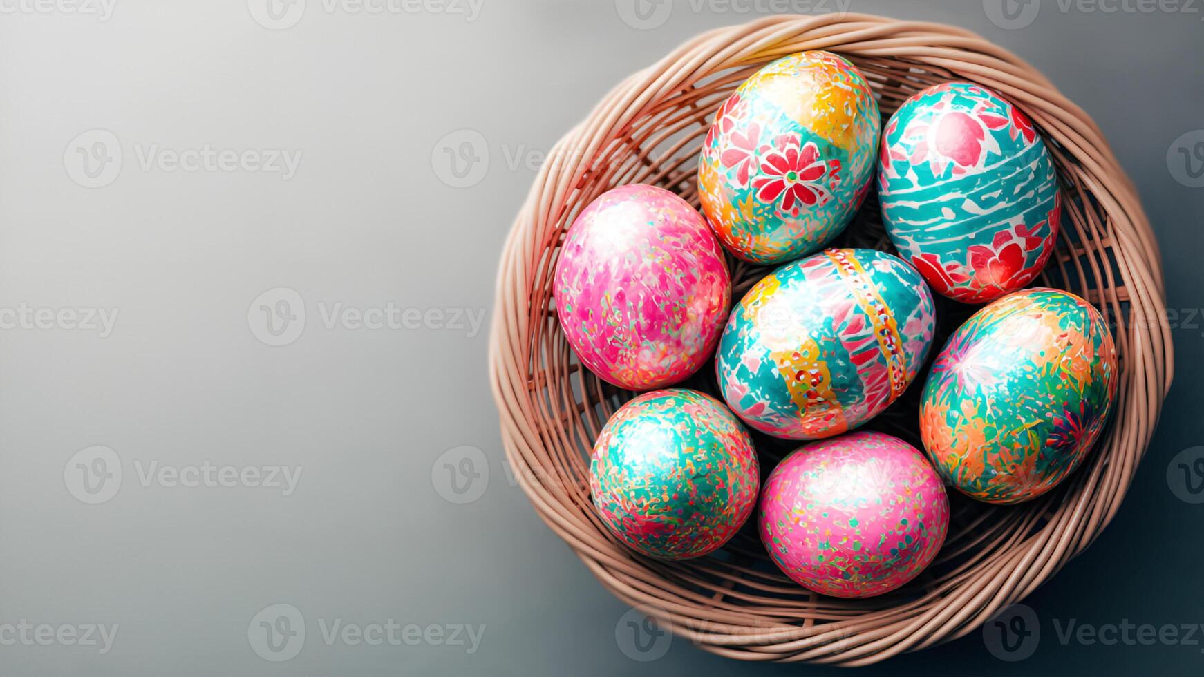 Colorful Easter eggs in the basket on grey background. Copy space on the left. photo