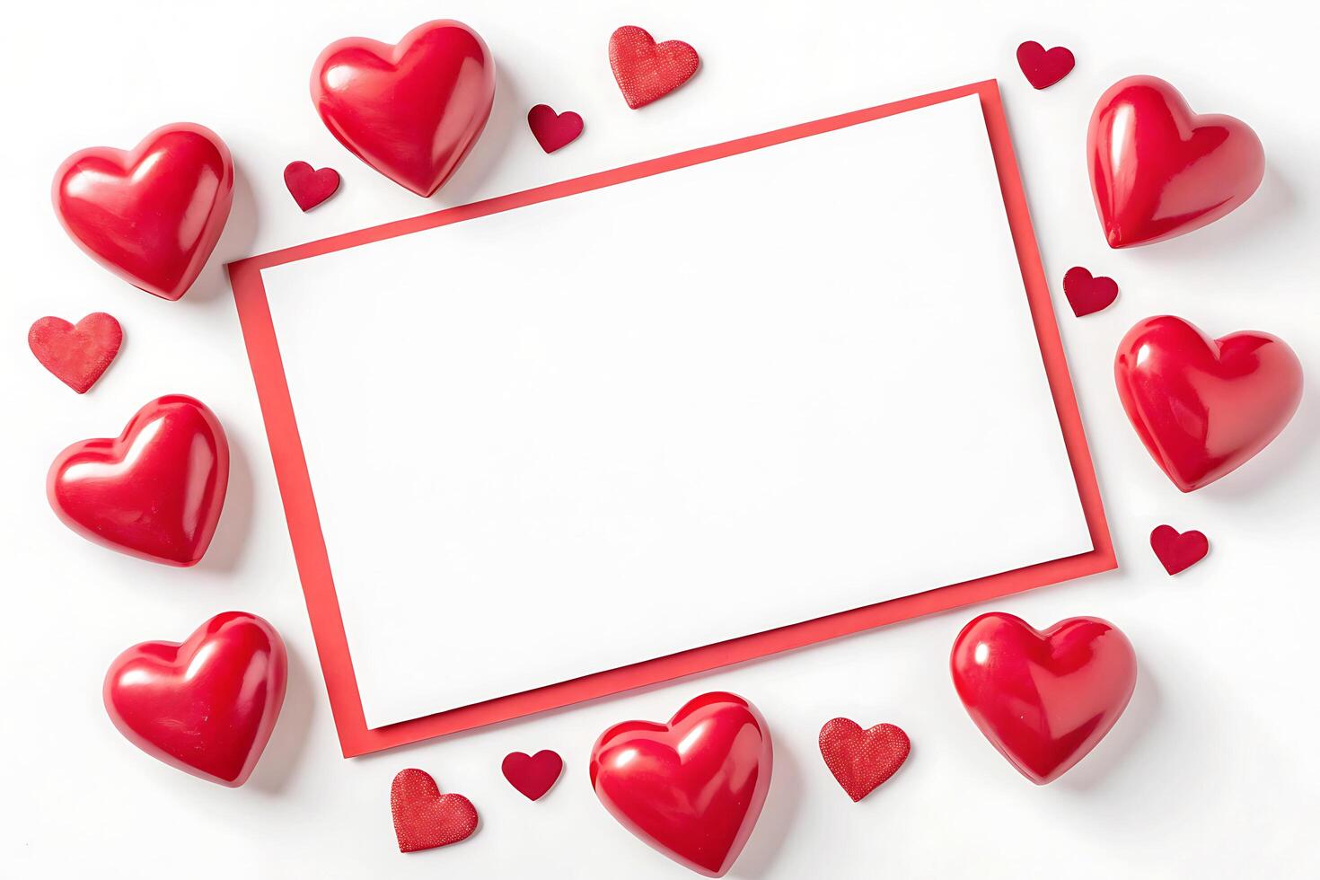 White card surrounded by colorful hearts on a pink background photo