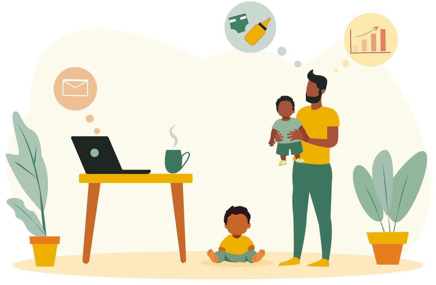 A man and child are sitting at a desk with a laptop and a laptop vector