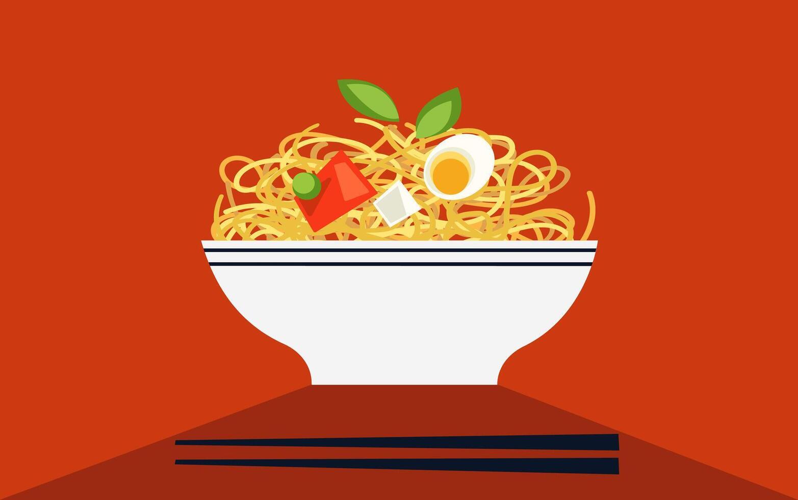 A bowl of pasta with eggs and tomatoes on a red background vector